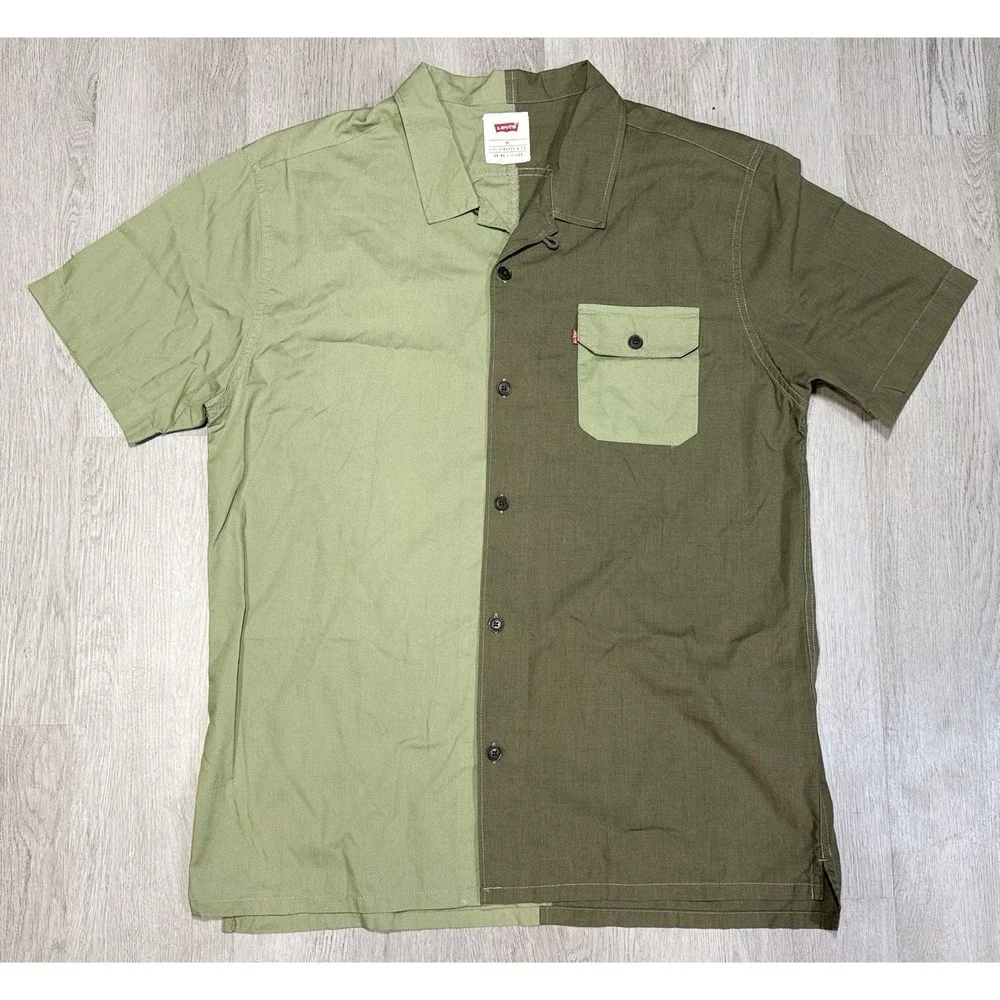 Levis Button Up Shirt Men's XL Green Colorblock Chambray Short Sleeve Casual